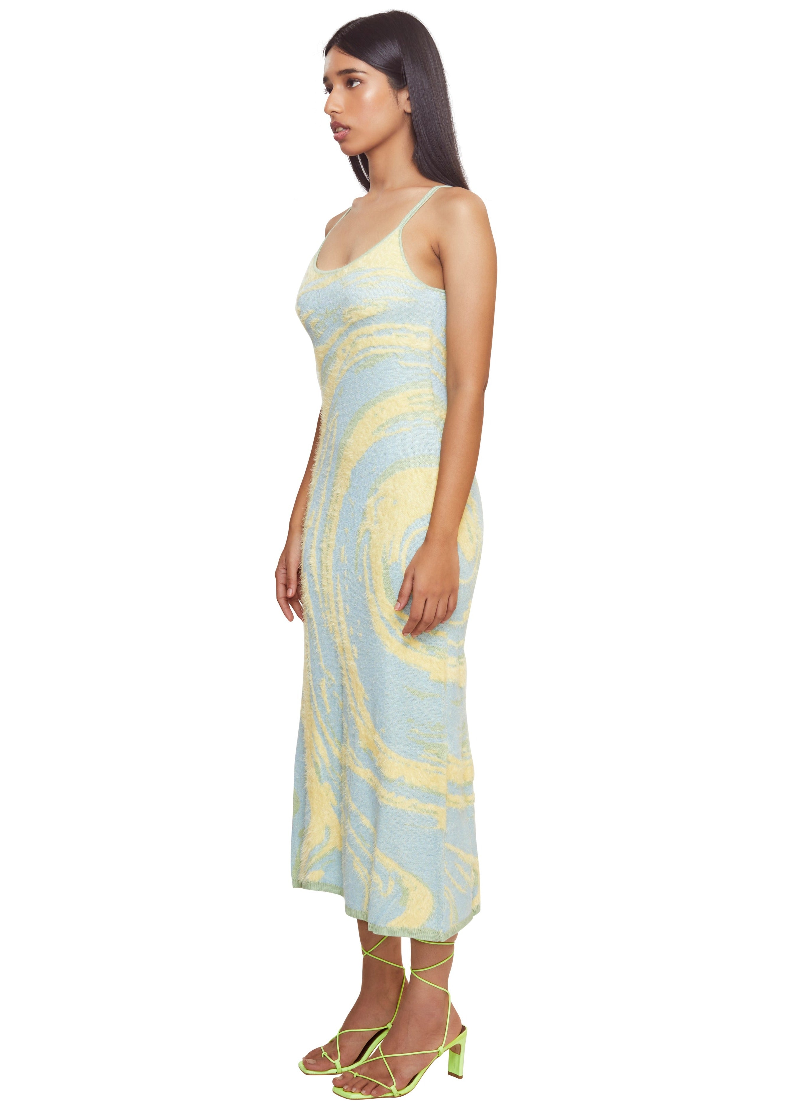 Blue and yellow clasic super soft knitted hofs slip dress w/ swirl print inspired by a beautiful beach from the brand House Of Sunny