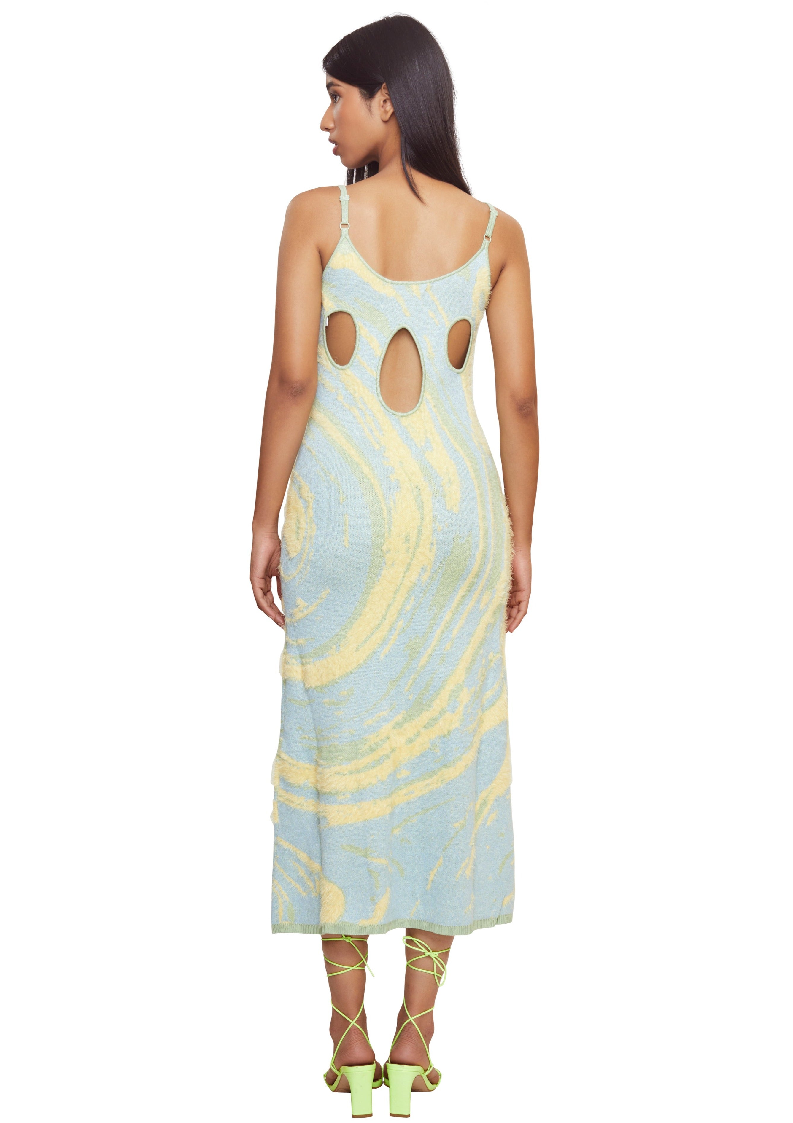 Blue and yellow clasic super soft knitted hofs slip dress w/ swirl print inspired by a beautiful beach from the brand House Of Sunny
