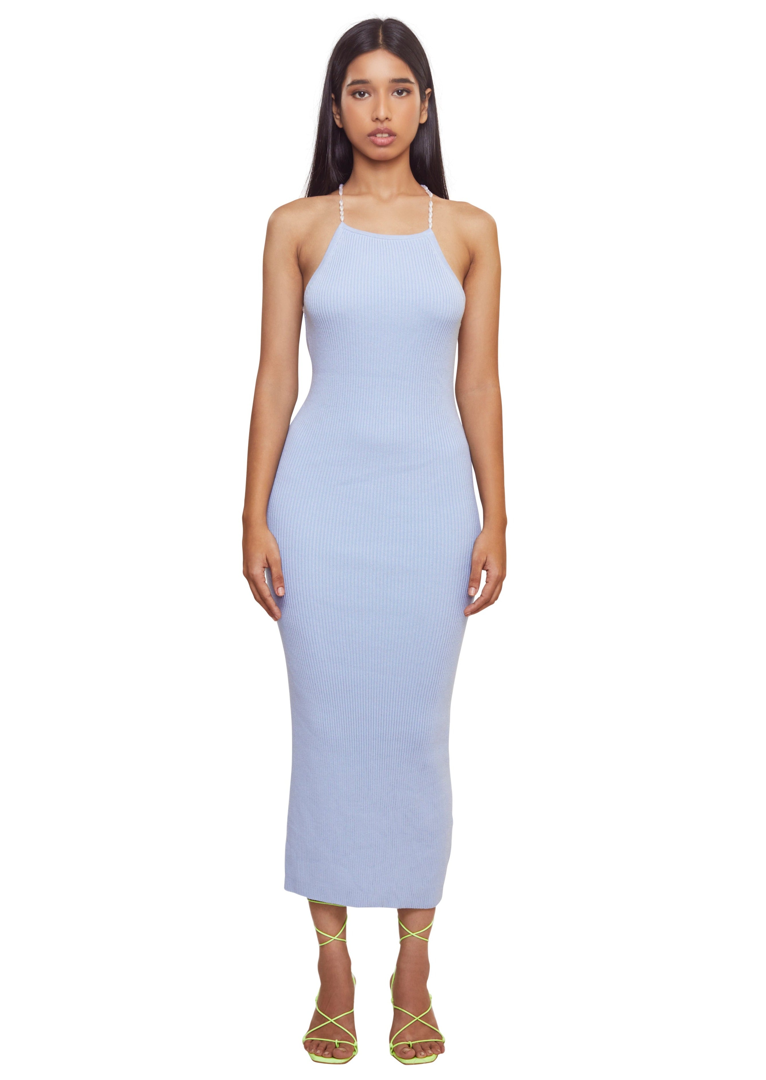 Blue midi backless dress with white piping, knitted ribs and Stretchable straps in white pearls, crossed at back from the brand Musier