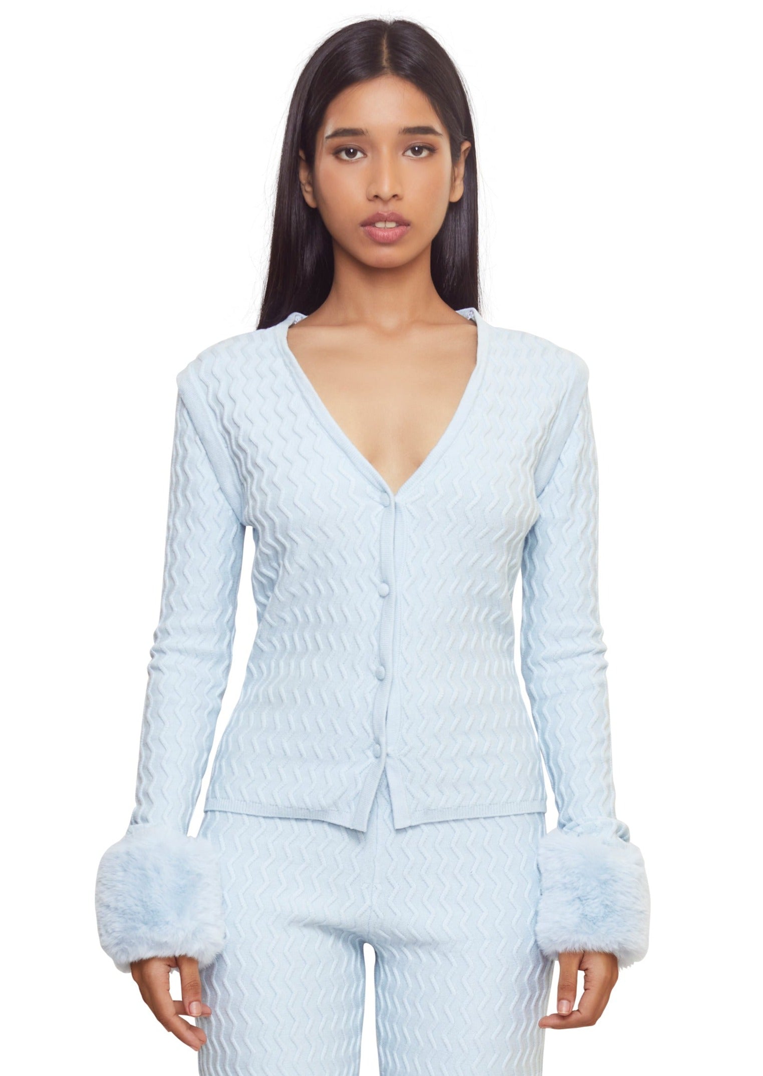 Blue peggy wave rib cardi w/ detachable fur & sleeves from the brand House of Sunny