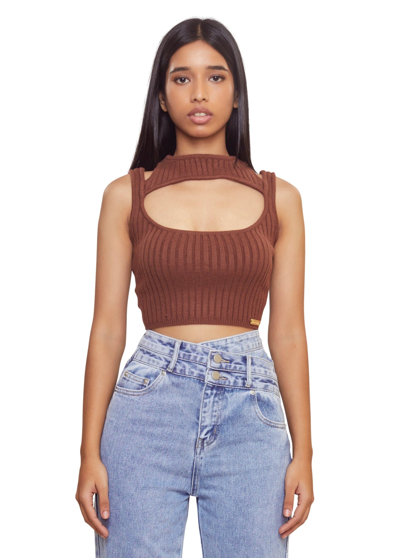 Brown Ripped crop top with double strap from the brand House of sunny