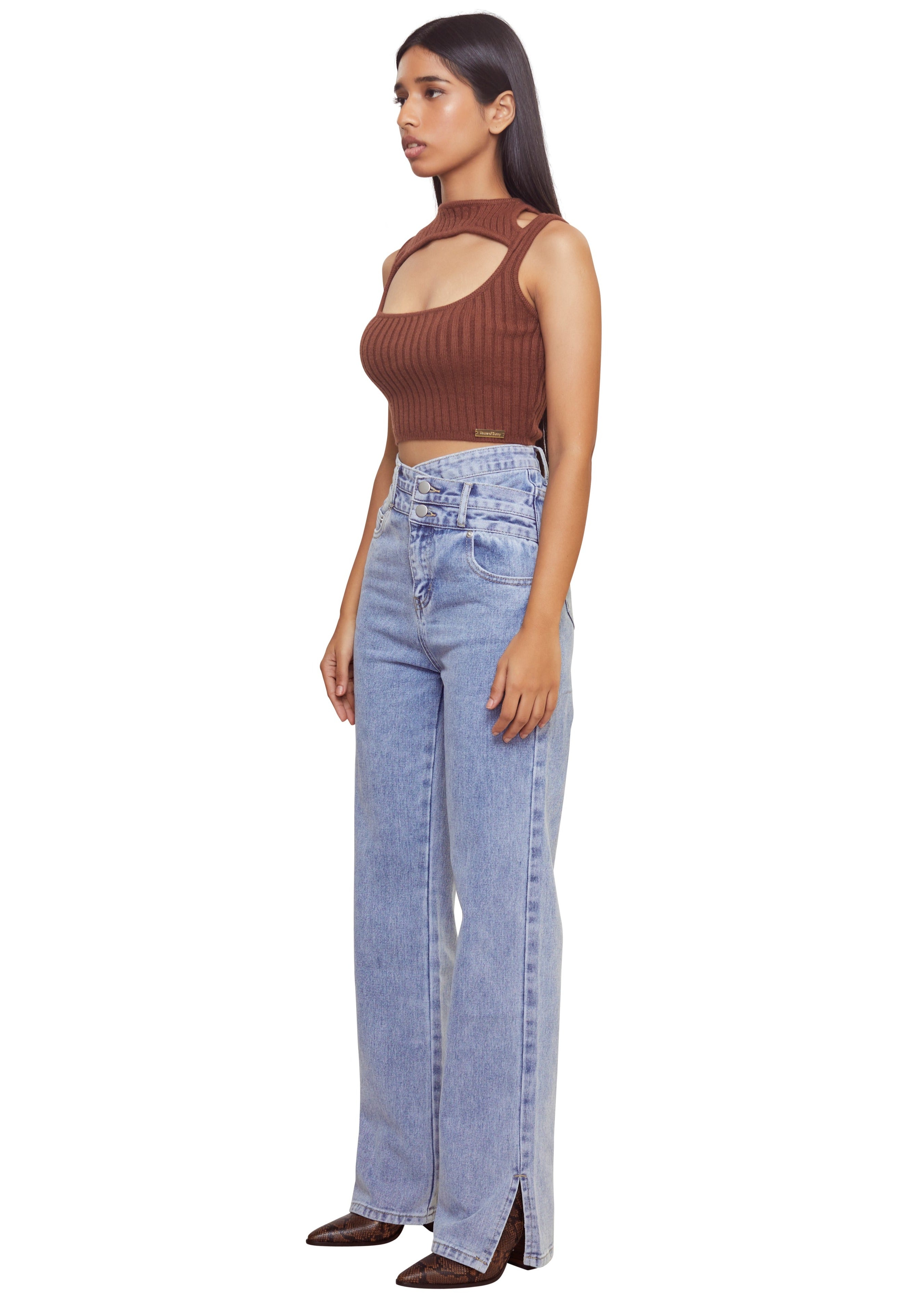 Brown Ripped crop top with double strap from the brand House of Sunny