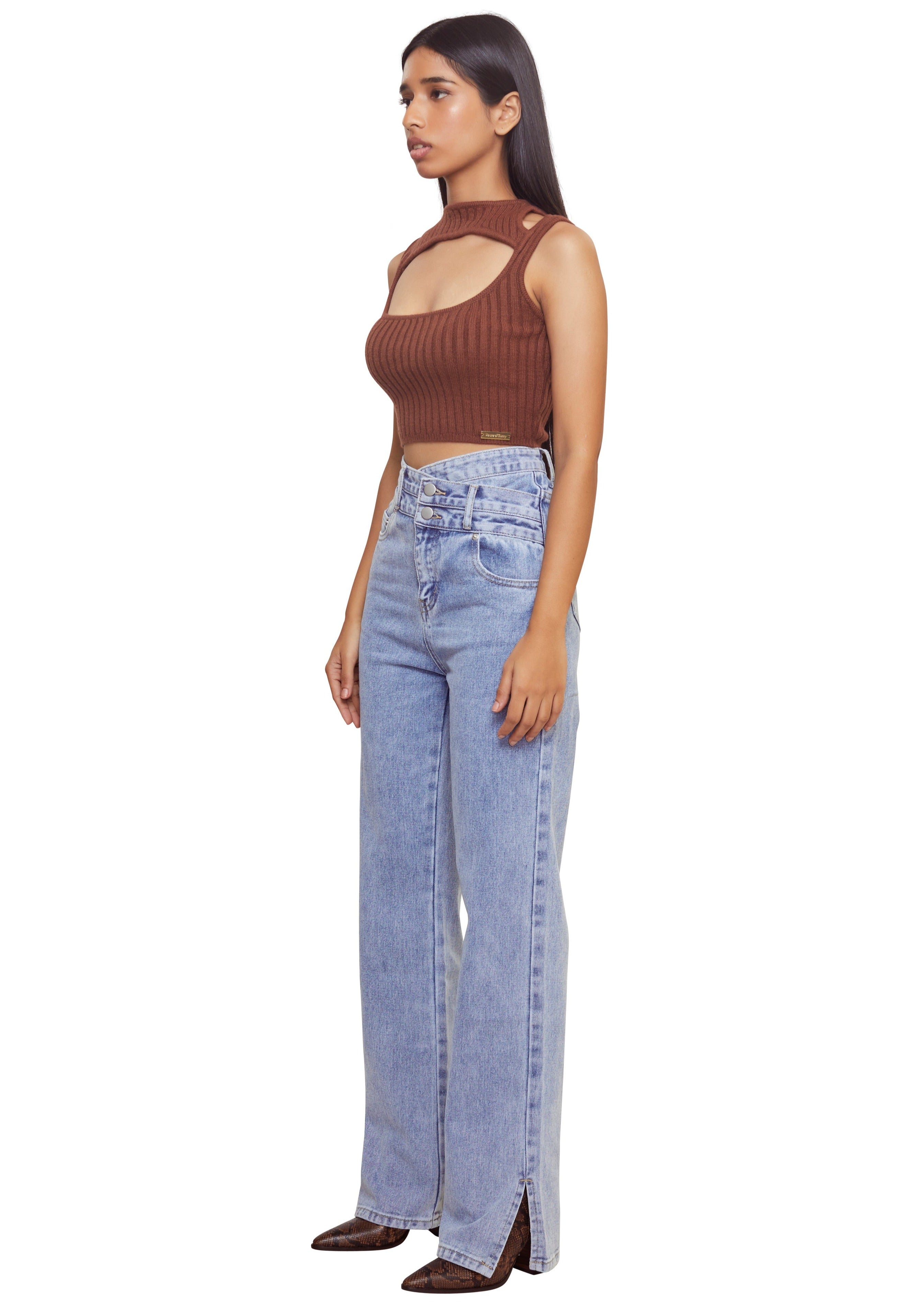 Blue high waisted straight jeans with two buttons and a criss cross waistline pattern from the brand The Kript
