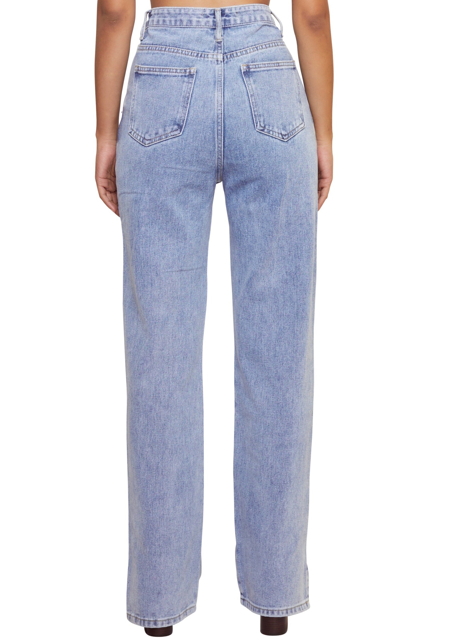 Blue high waisted straight jeans with two buttons and a criss cross waistline pattern from the brand The Kript
