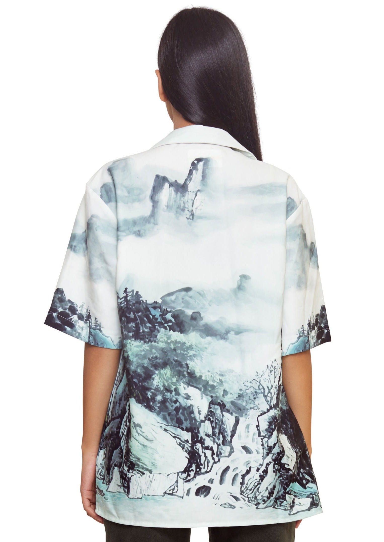 Blue and White Landscape Water Paint Short Sleeve button up shirt from the brand Yitai