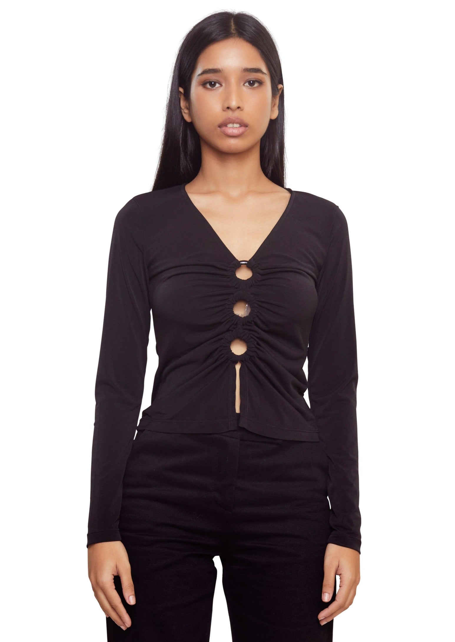 Black long sleeves v neck top with three rings from the brand Musier