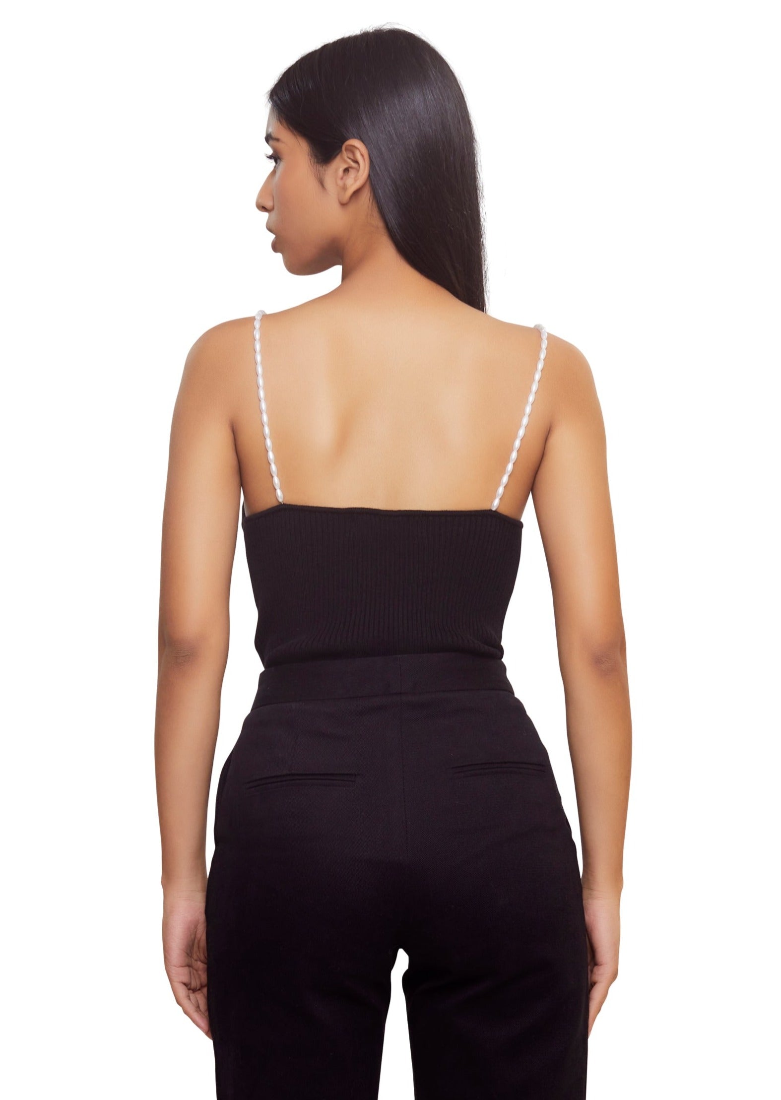 Black halter top in ribs with Pearl straps and low back from the brand Musier