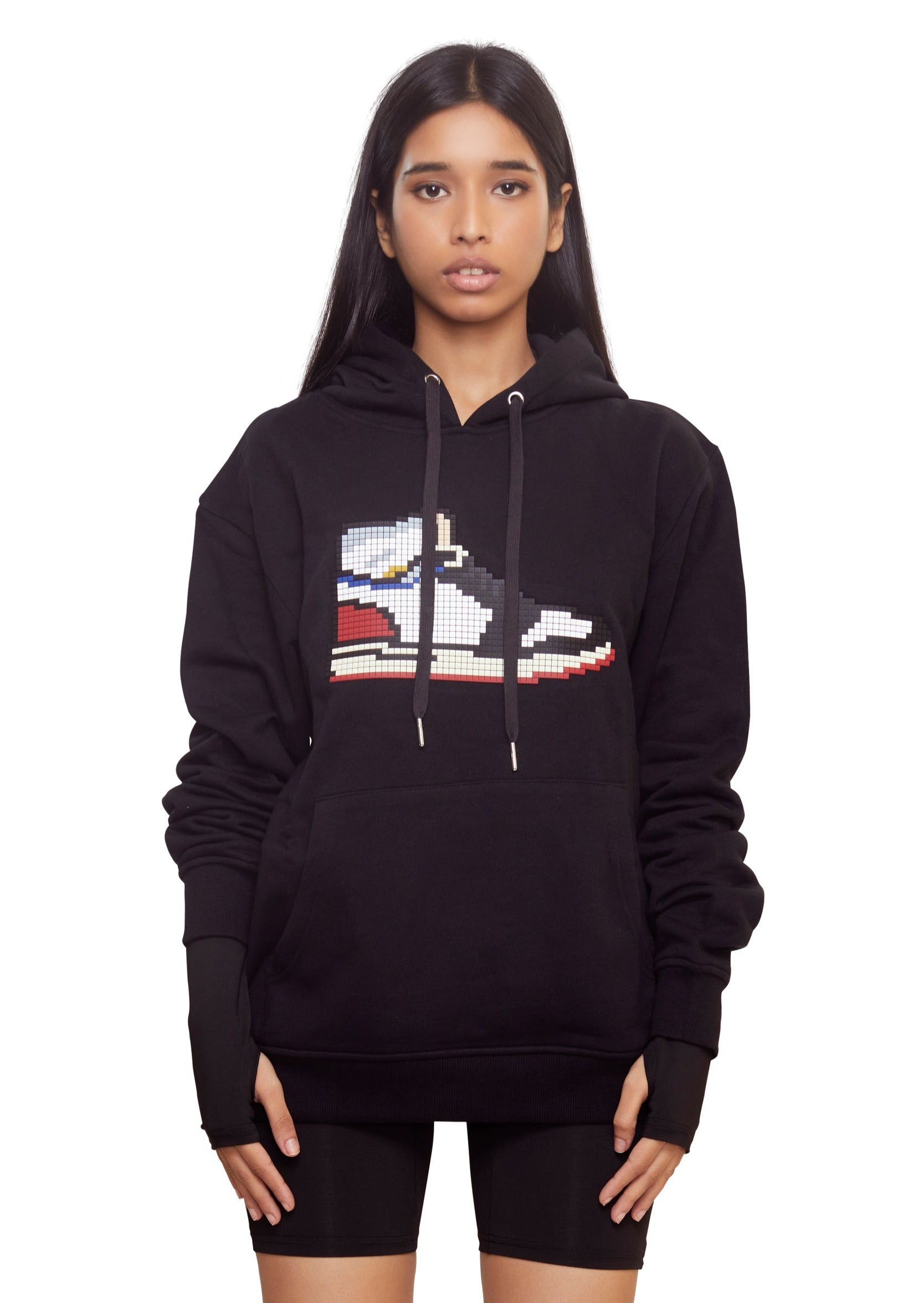 Black cotton graphic print drawstring hoodie with long sleeves and fitted-cuff sleeves from the brand 8-bit