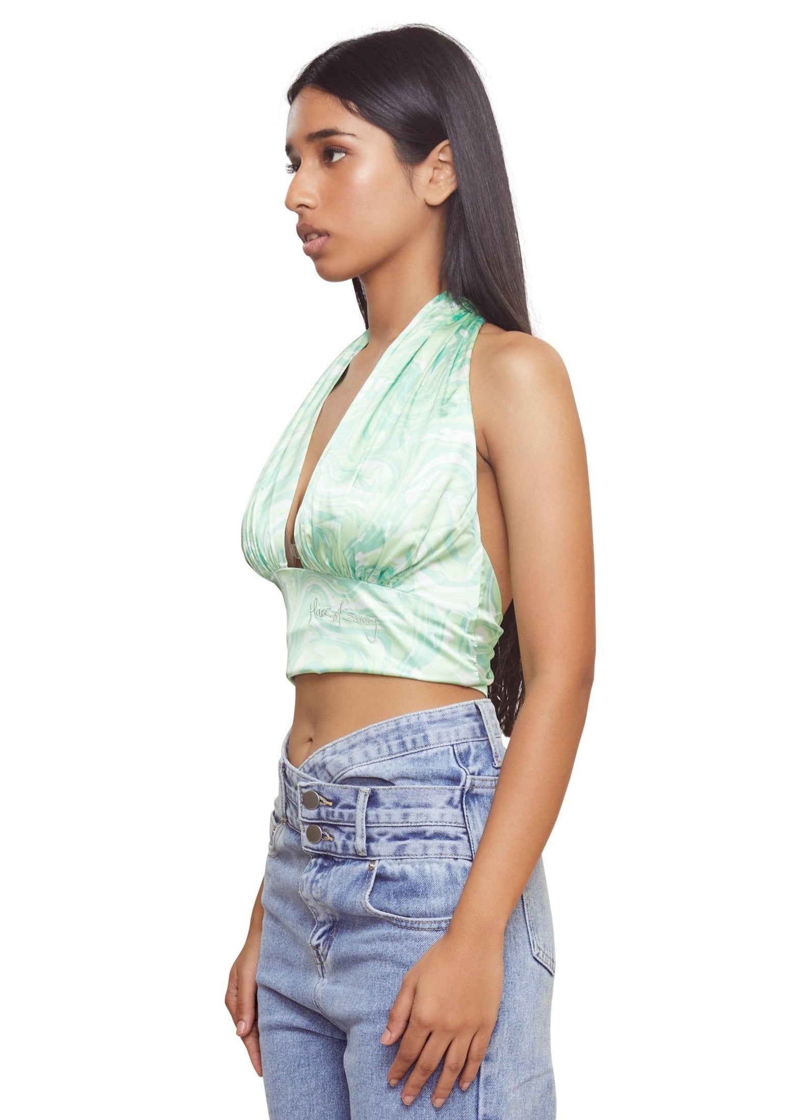 Green Halter neck tie top, w/ side botton fastening & purse from the brand House Of Sunny
