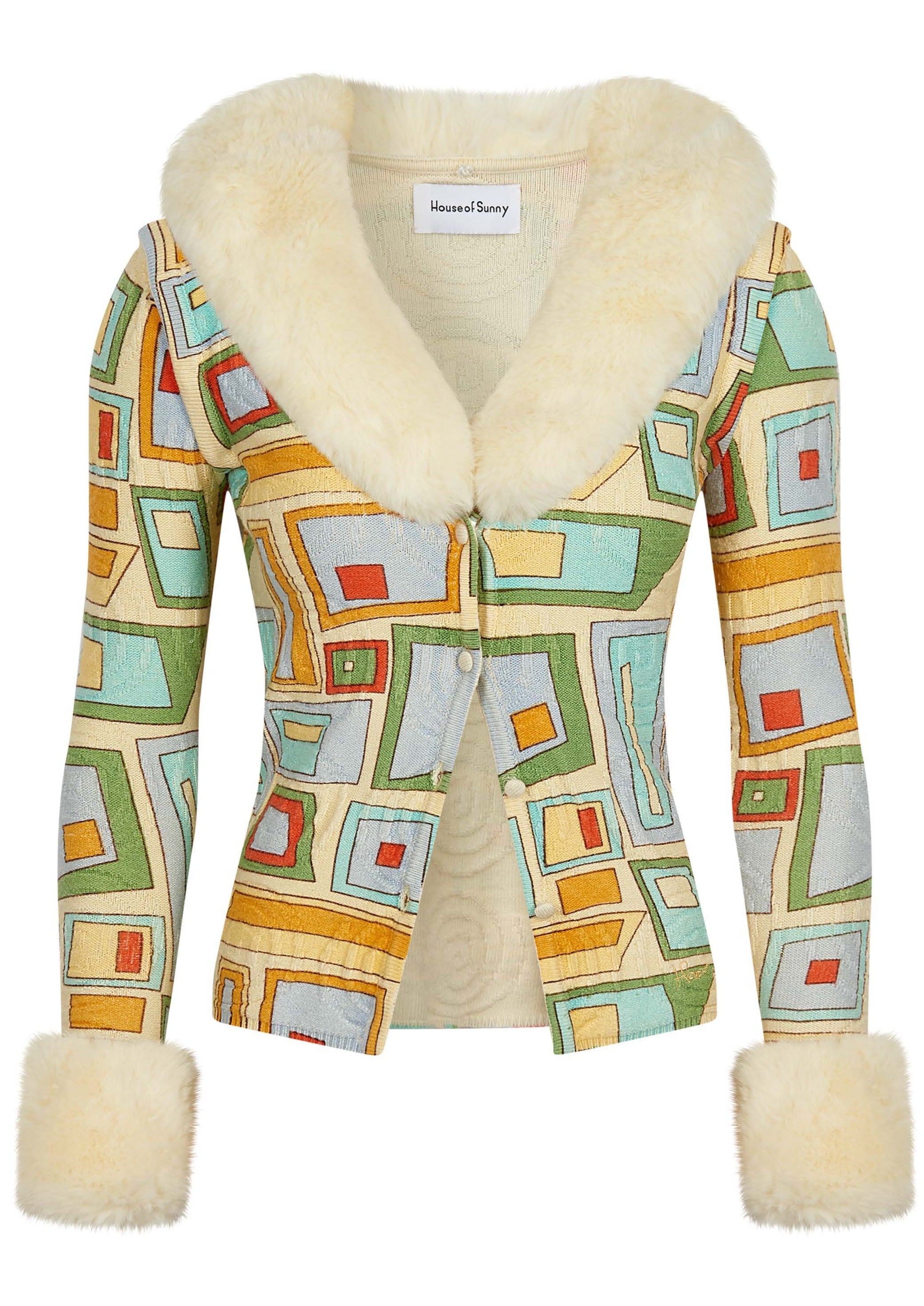 Blue and yellow Rib cardi with Retor print and Detachable fur from the brand House Of Sunny