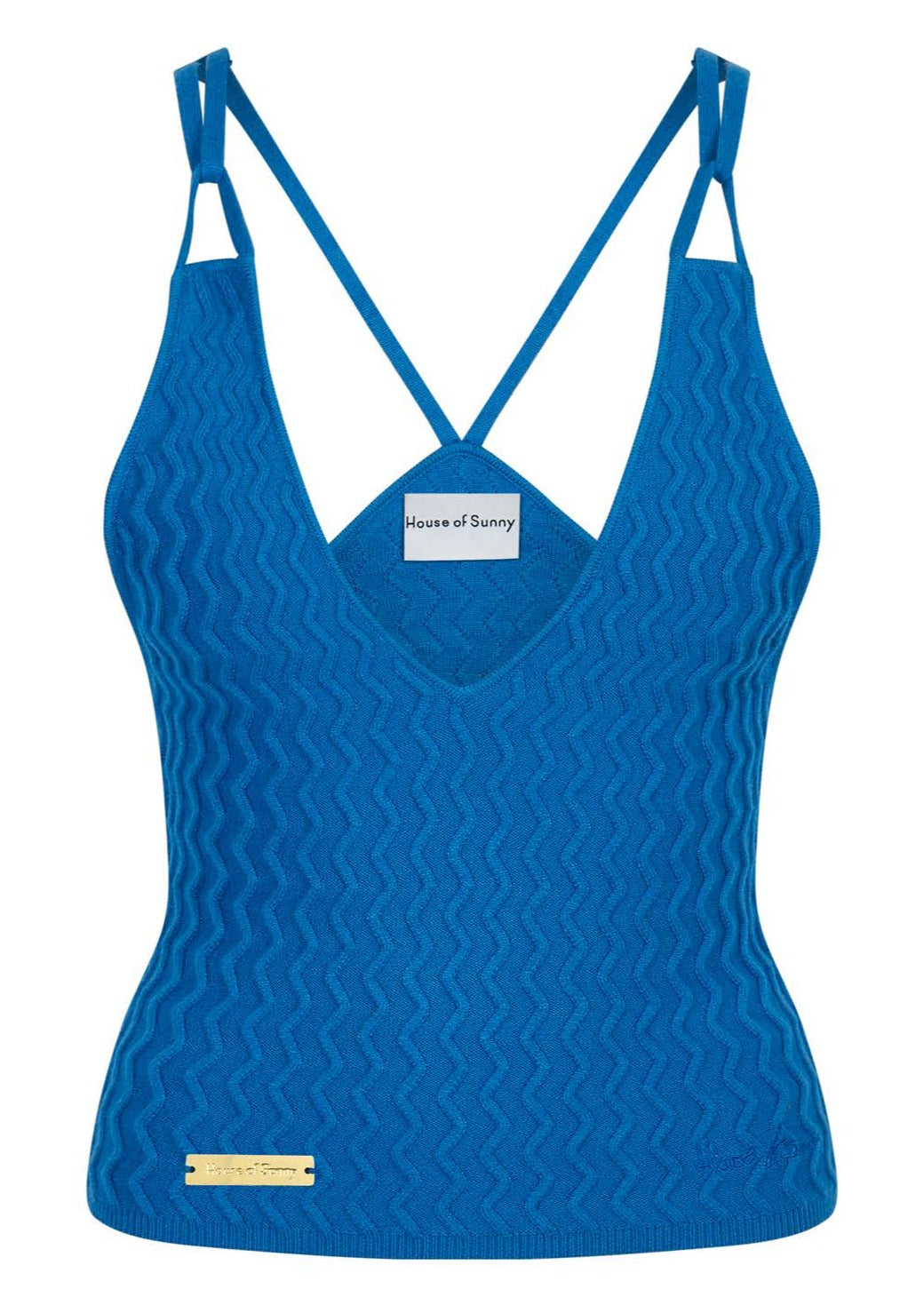 Blue knitted cami with a V neck and Back detail from the brand House Of Sunny