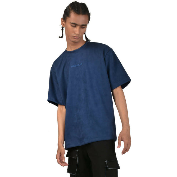 MIDNIGHT BLUE EMBROIDERED SUEDE T-SHIRT|
